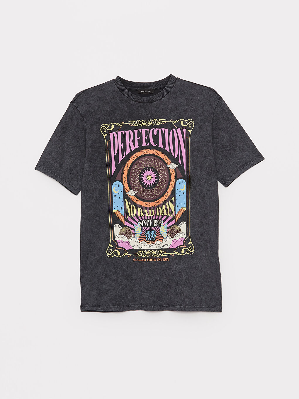 Antrasit Bisiklet Yaka Baskılı Kısa Kollu Oversize Kadın Tişört-5