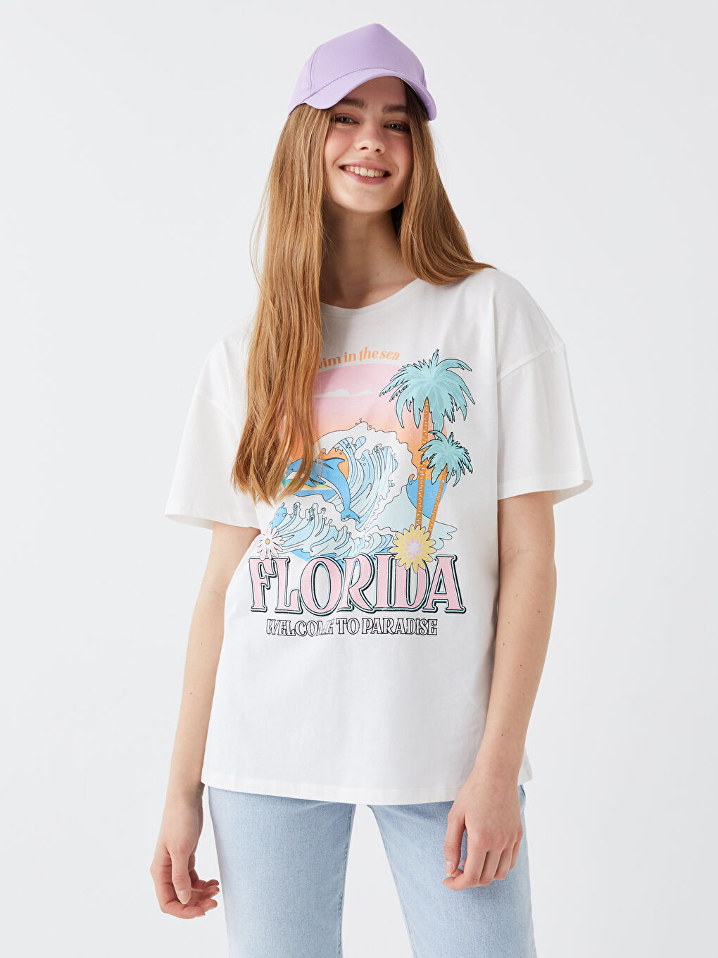 әйелдерге арналған принтті дөңгелек жағалы қысқа жең футболка-1