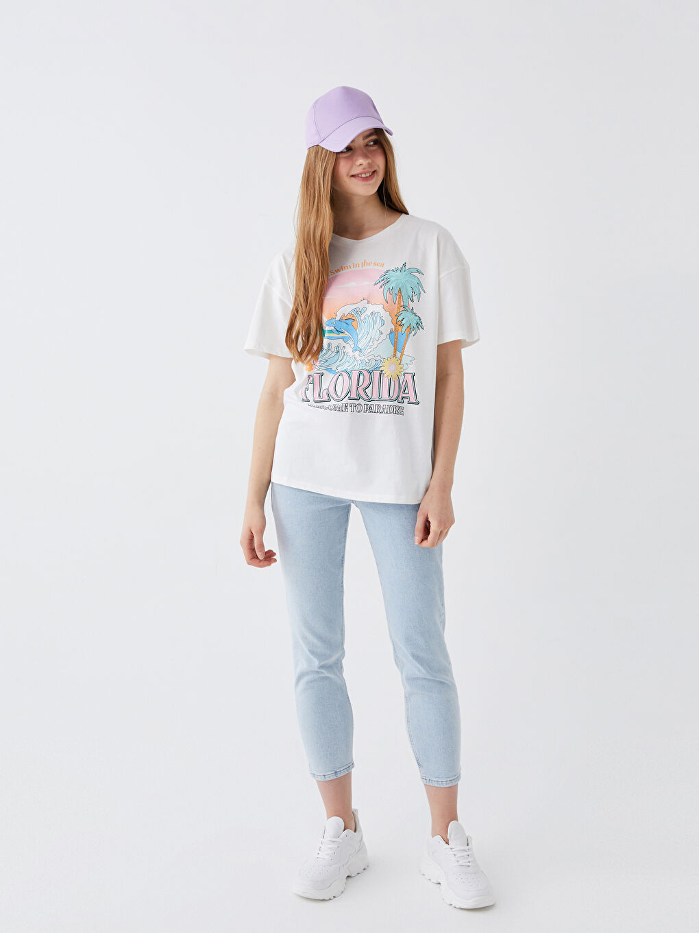 әйелдерге арналған принтті дөңгелек жағалы қысқа жең футболка-2