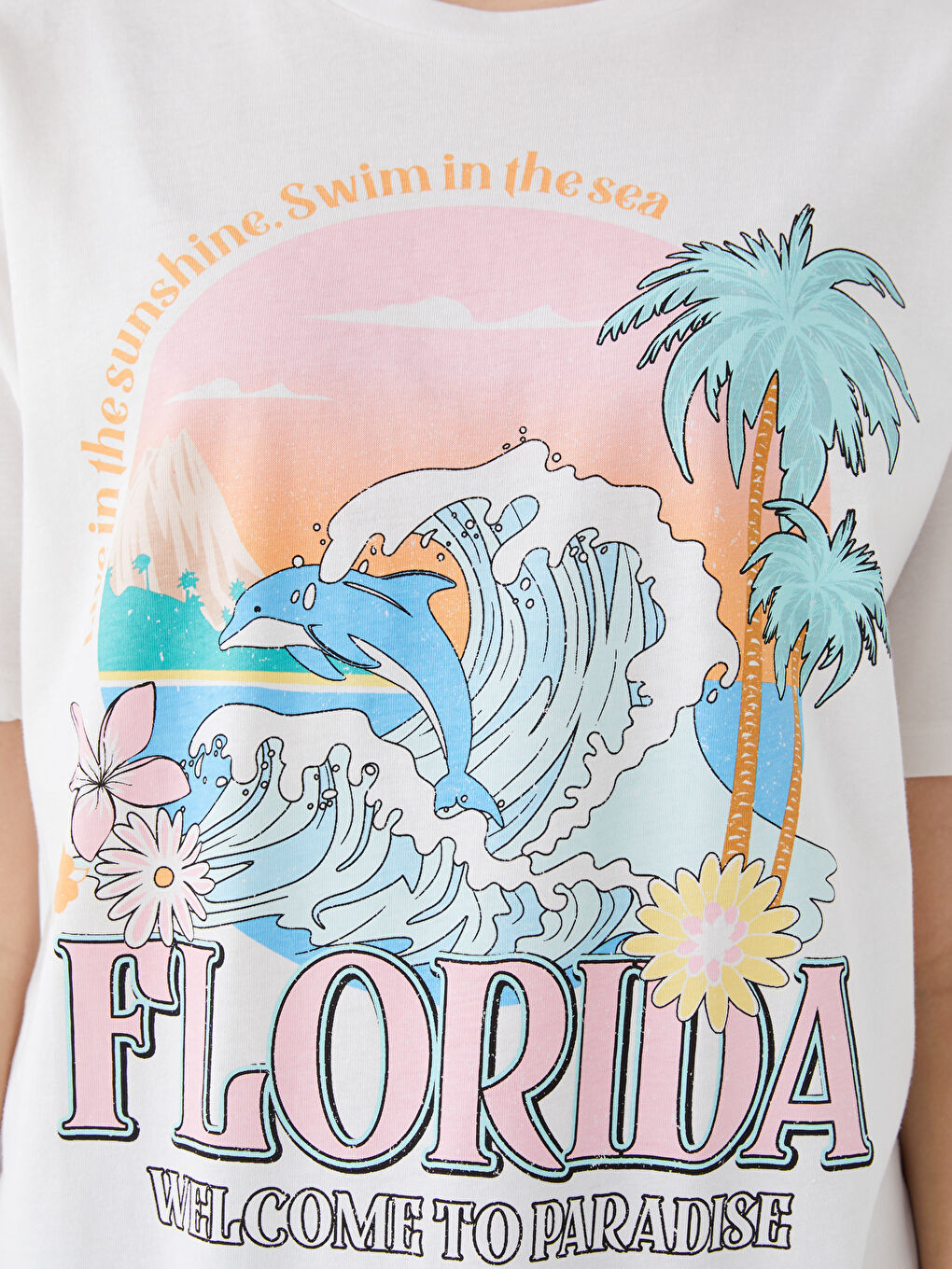 әйелдерге арналған принтті дөңгелек жағалы қысқа жең футболка-3