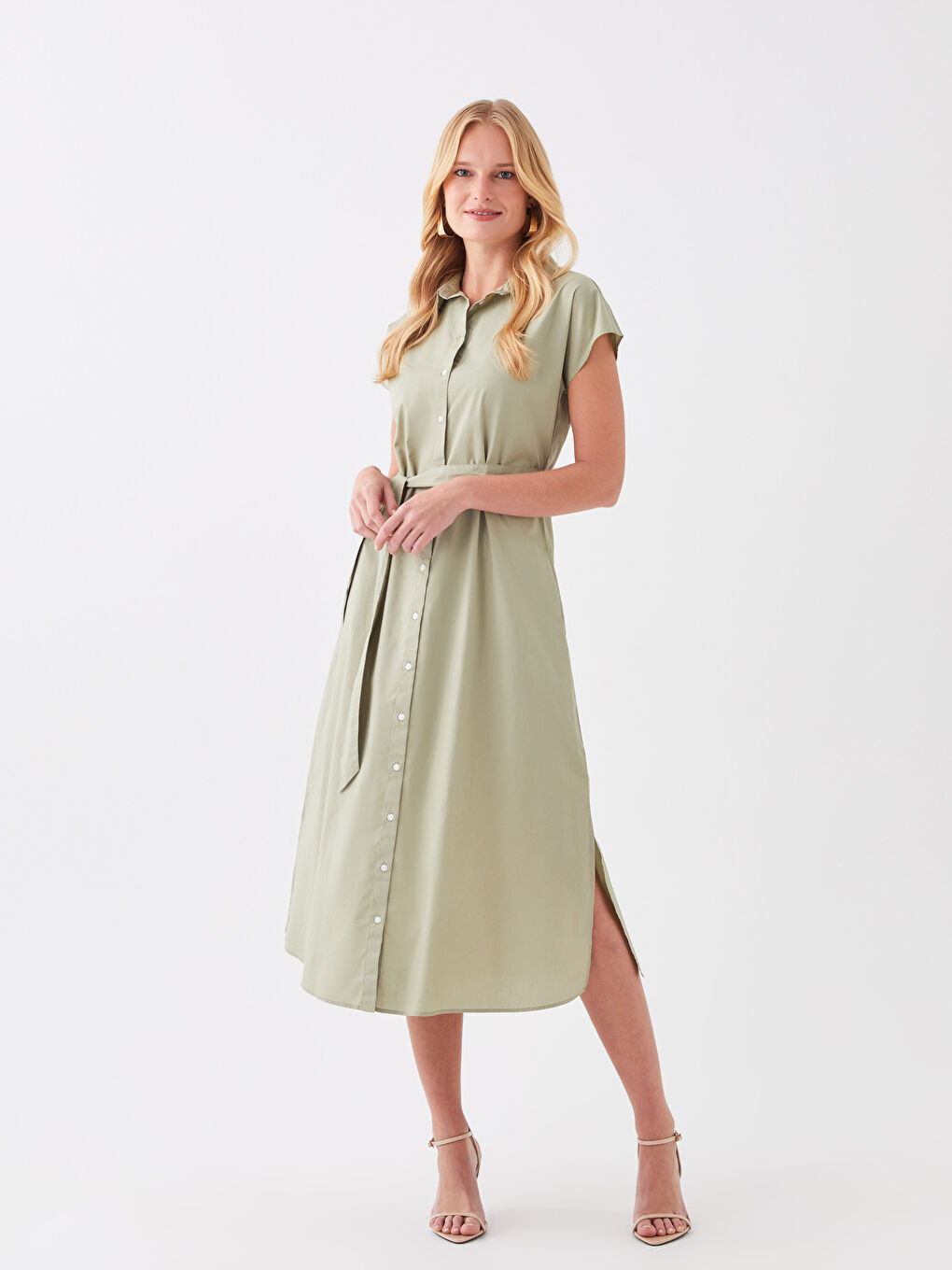 LCWAIKIKI Classic Düz Kısa Kollu Poplin Kadın Gömlek Elbise -S3HC45Z8-GHY