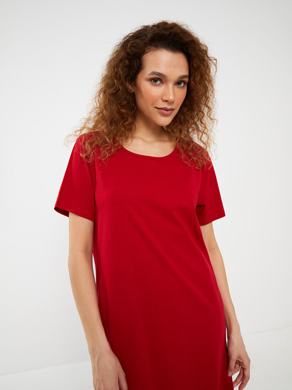 Robe Femme à Col Rond Unie à Manches Courtes-1