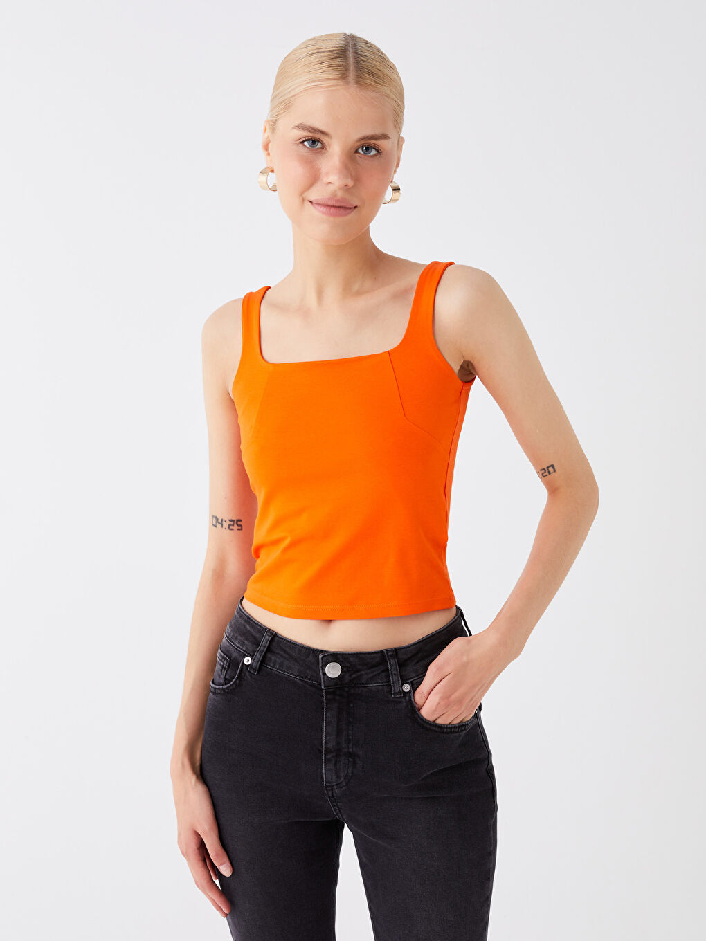 Turuncu Kadın Kare Yaka Düz Crop