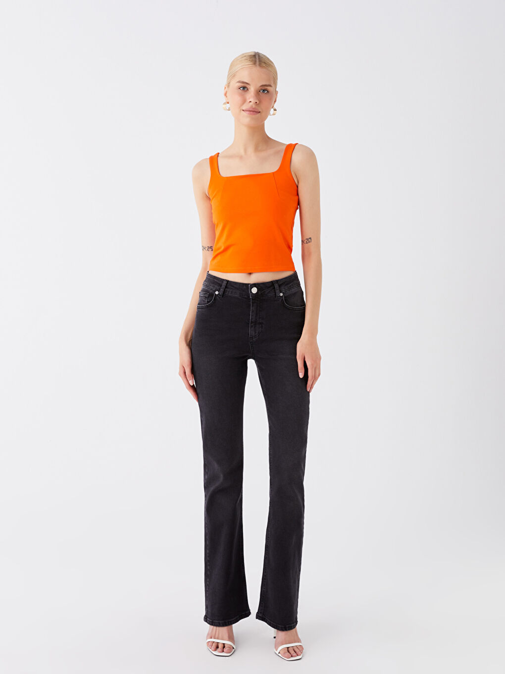 Turuncu Kadın Kare Yaka Düz Crop-2
