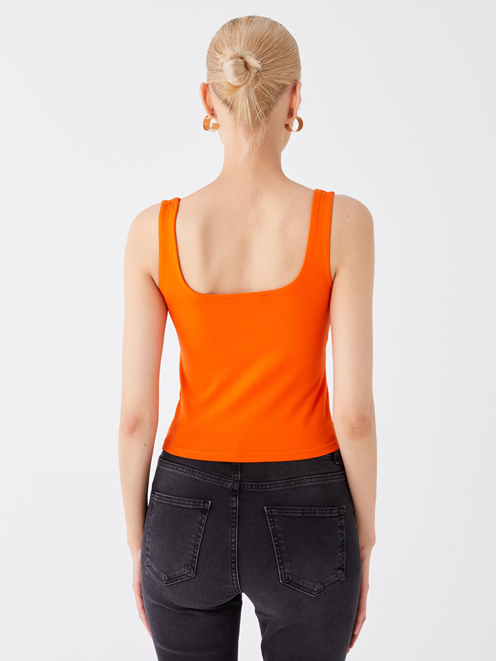 Turuncu Kadın Kare Yaka Düz Crop-4