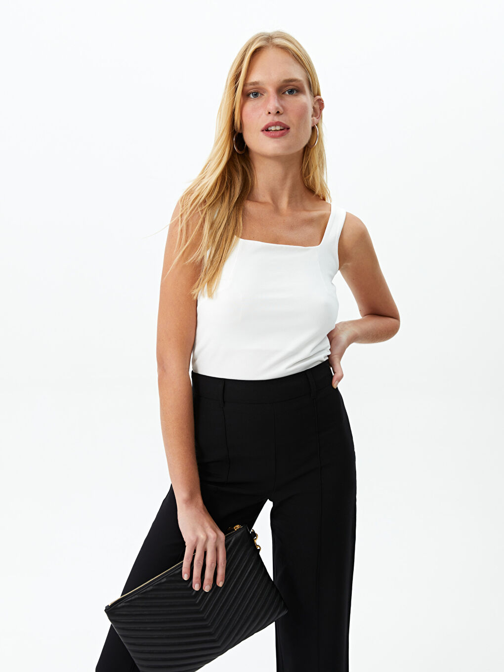 Ekru Kadın Kare Yaka Düz Crop