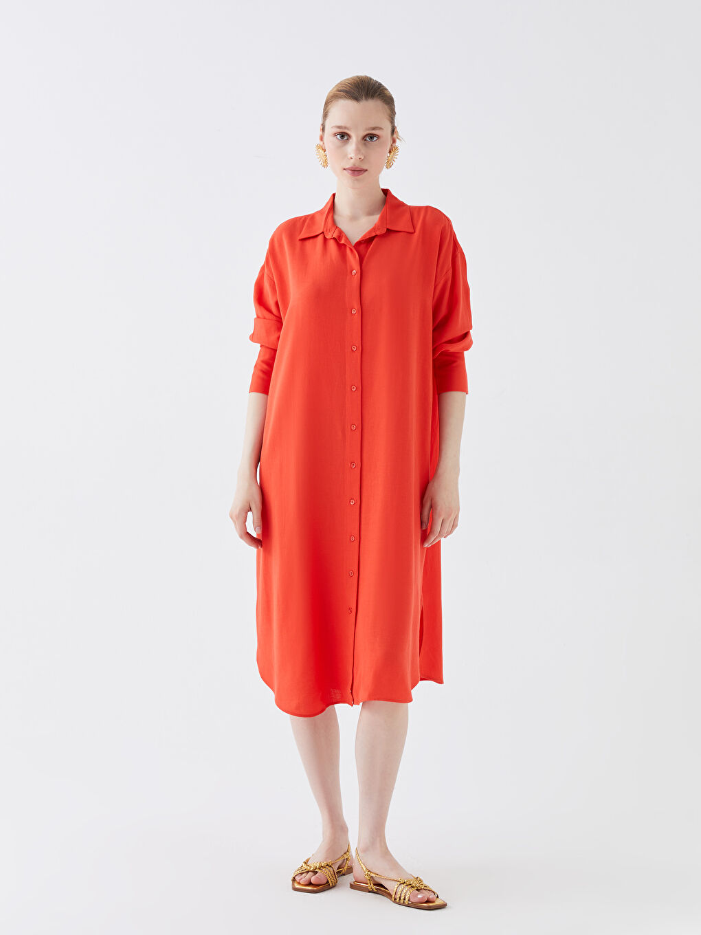 Straight Long Sleeve Oversize Linen Look Women's Shirt Dress -S3HC69Z8-GMT