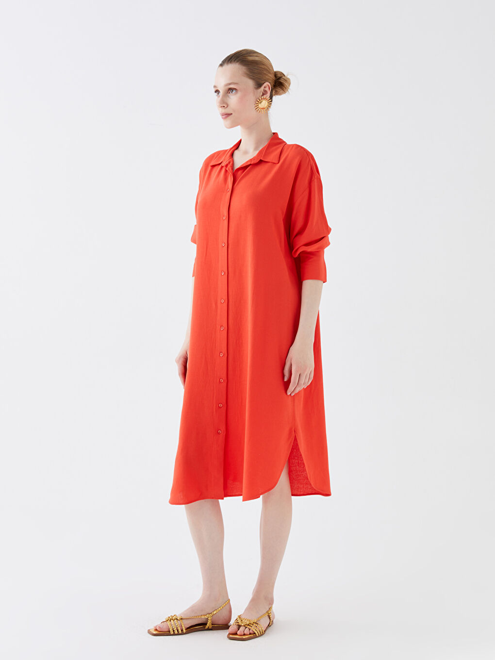 Straight Long Sleeve Oversize Linen Look Women's Shirt Dress -S3HC69Z8-GMT