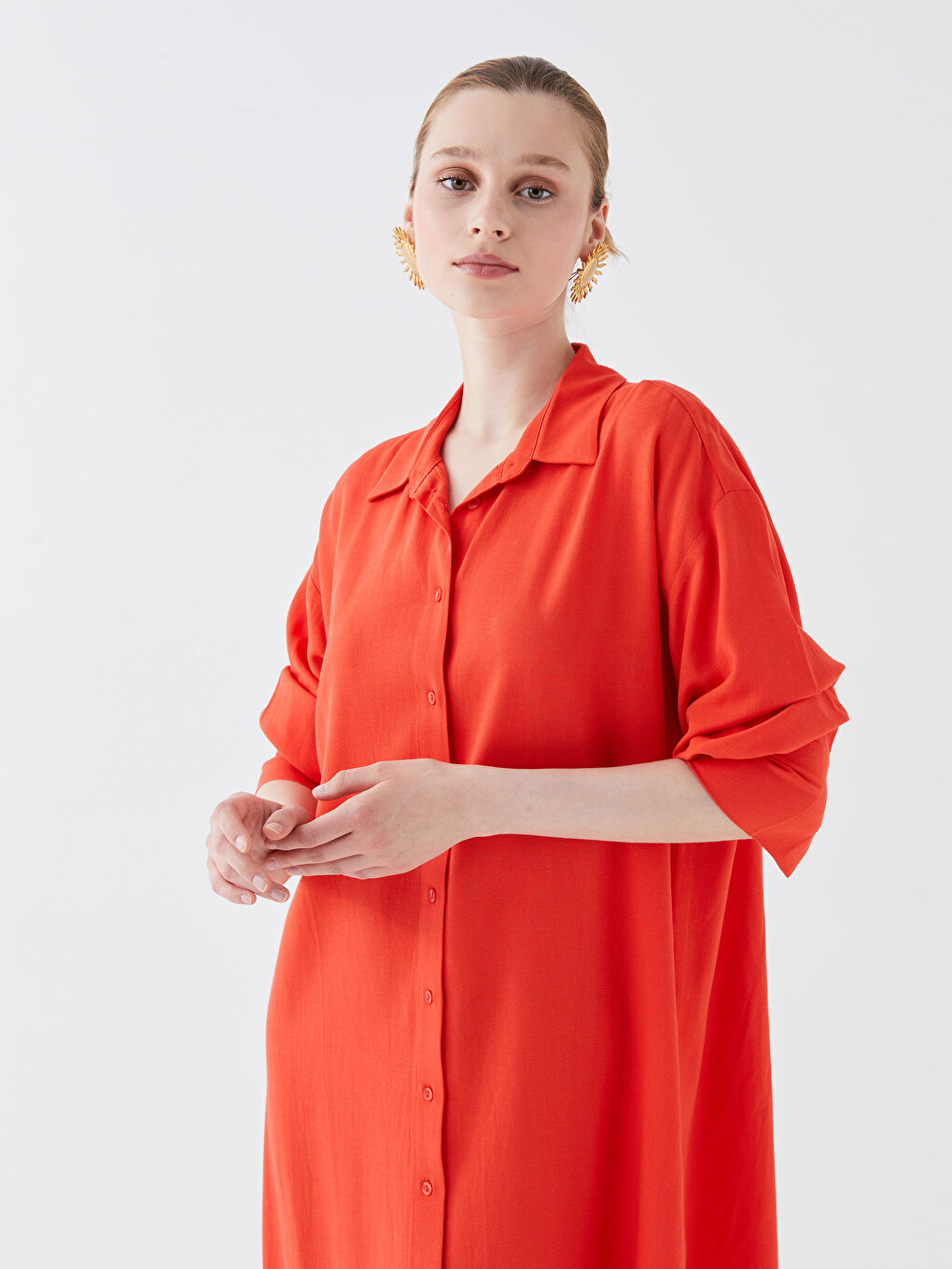 Straight Long Sleeve Oversize Linen Look Women's Shirt Dress -S3HC69Z8-GMT