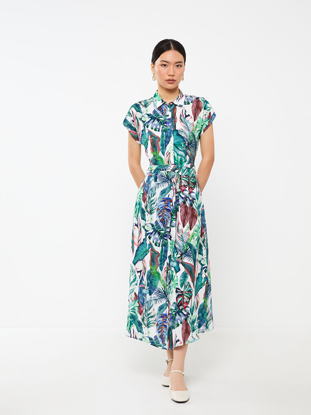 فستان قميص كم قصير مُزهر للسيدات-1