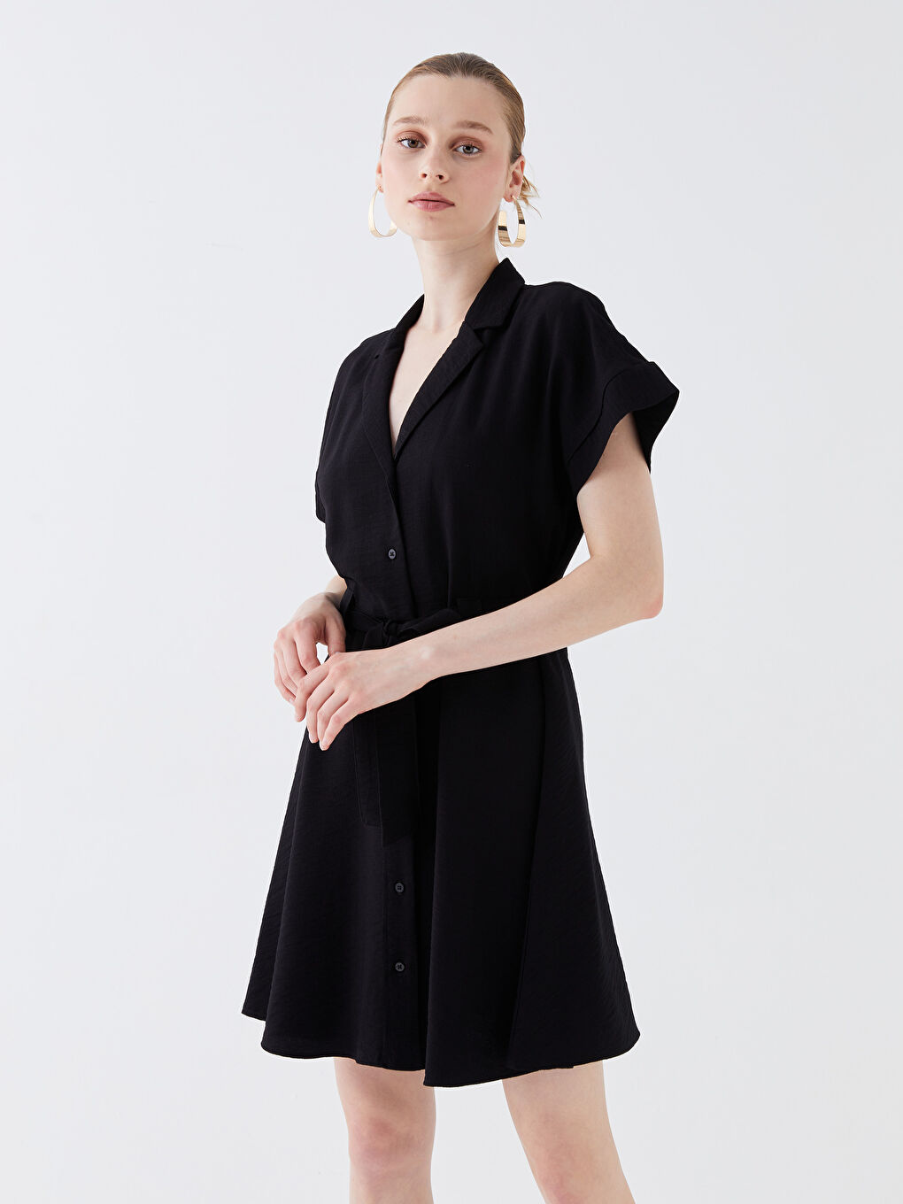 قميص فستان ياقة بلي كول مستقيم كم قصير مظهر الكتان نساء-2