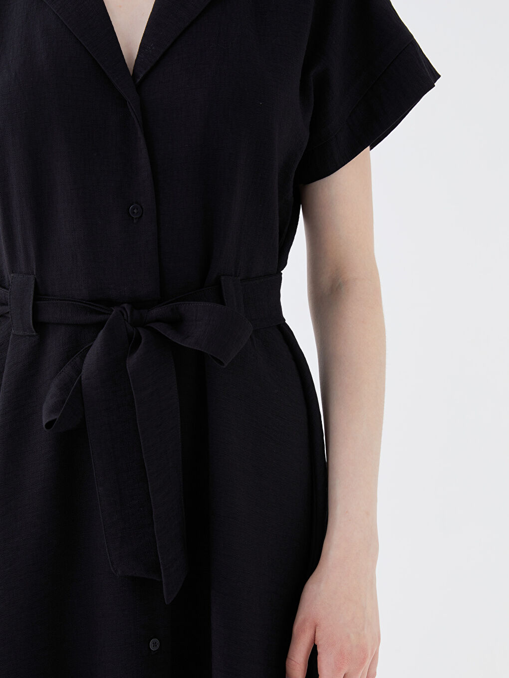 قميص فستان ياقة بلي كول مستقيم كم قصير مظهر الكتان نساء-3