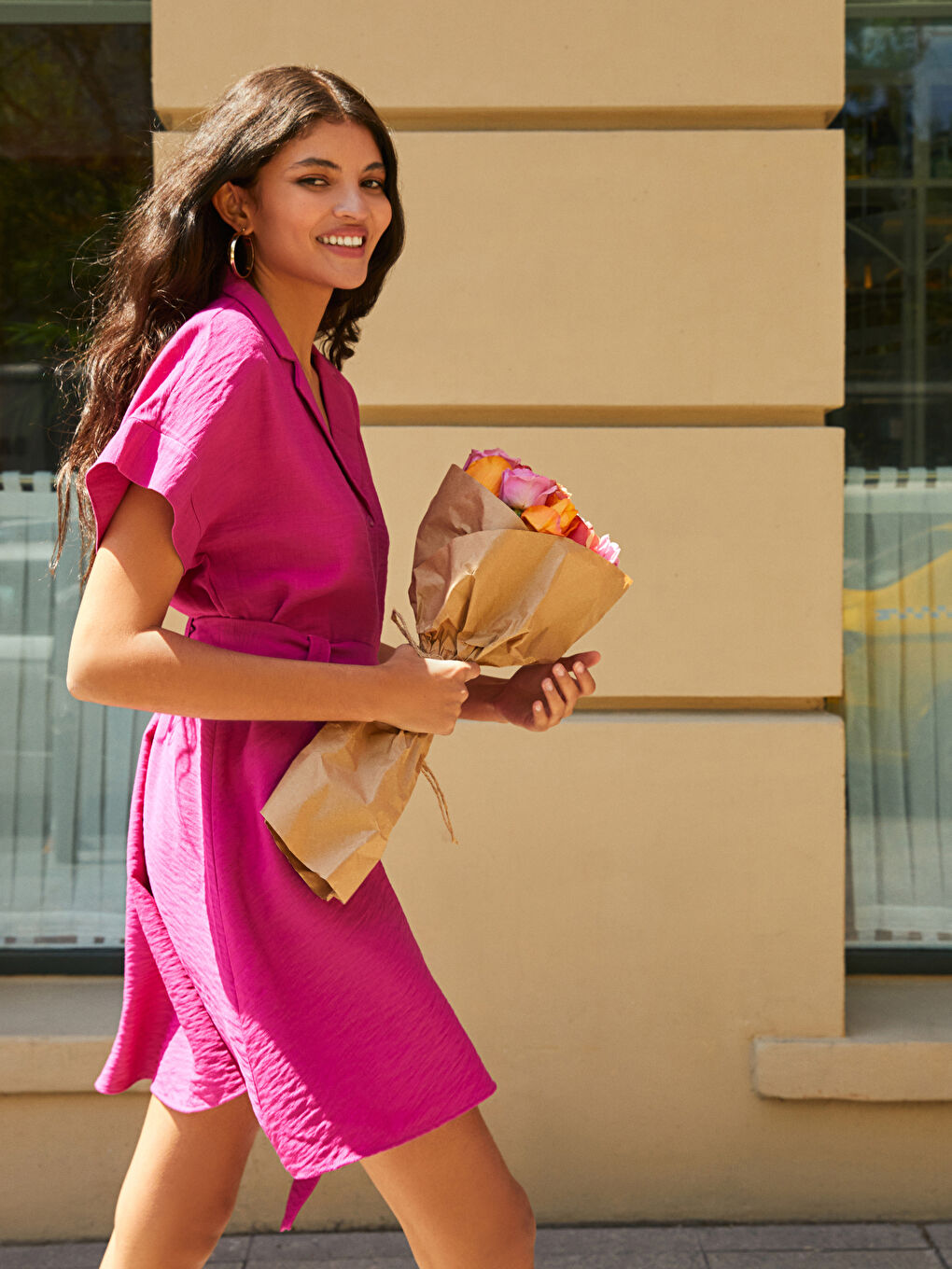Fuşya Ceket Yaka Düz Kısa Kollu Keten Görünümlü Kadın Gömlek Elbise