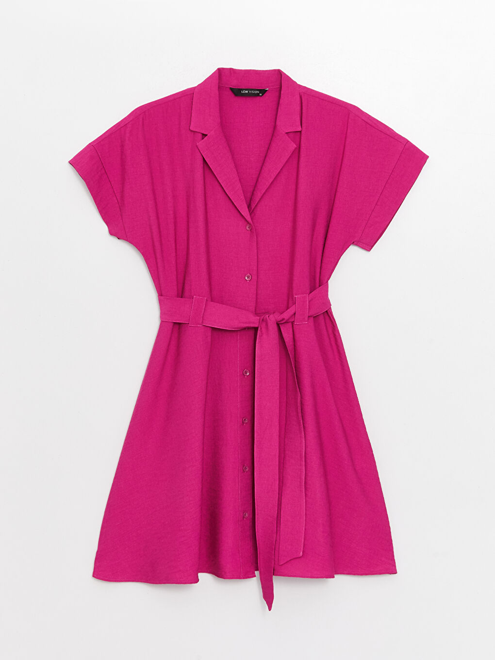 Fuşya Ceket Yaka Düz Kısa Kollu Keten Görünümlü Kadın Gömlek Elbise-7
