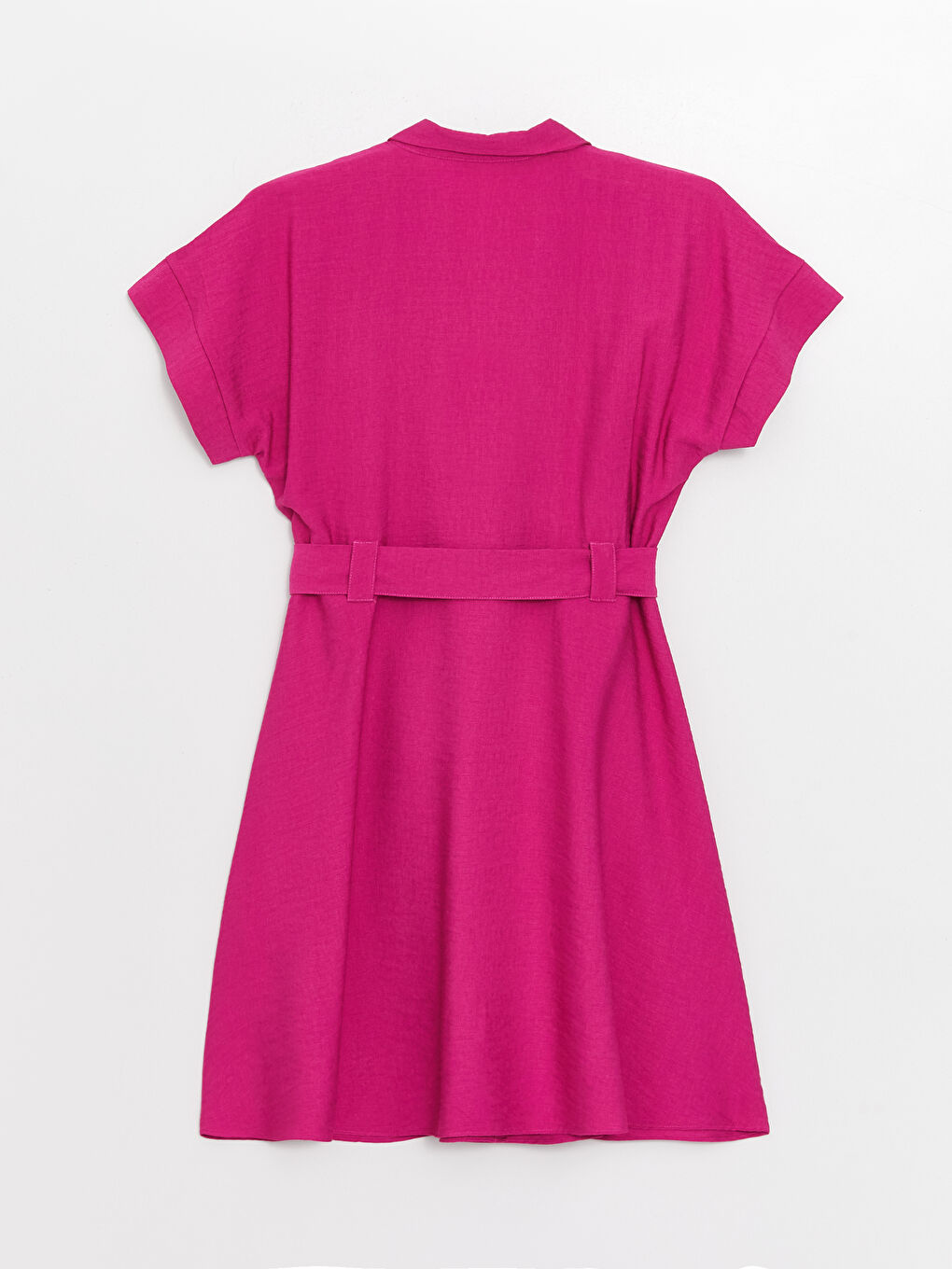 Fuşya Ceket Yaka Düz Kısa Kollu Keten Görünümlü Kadın Gömlek Elbise-8