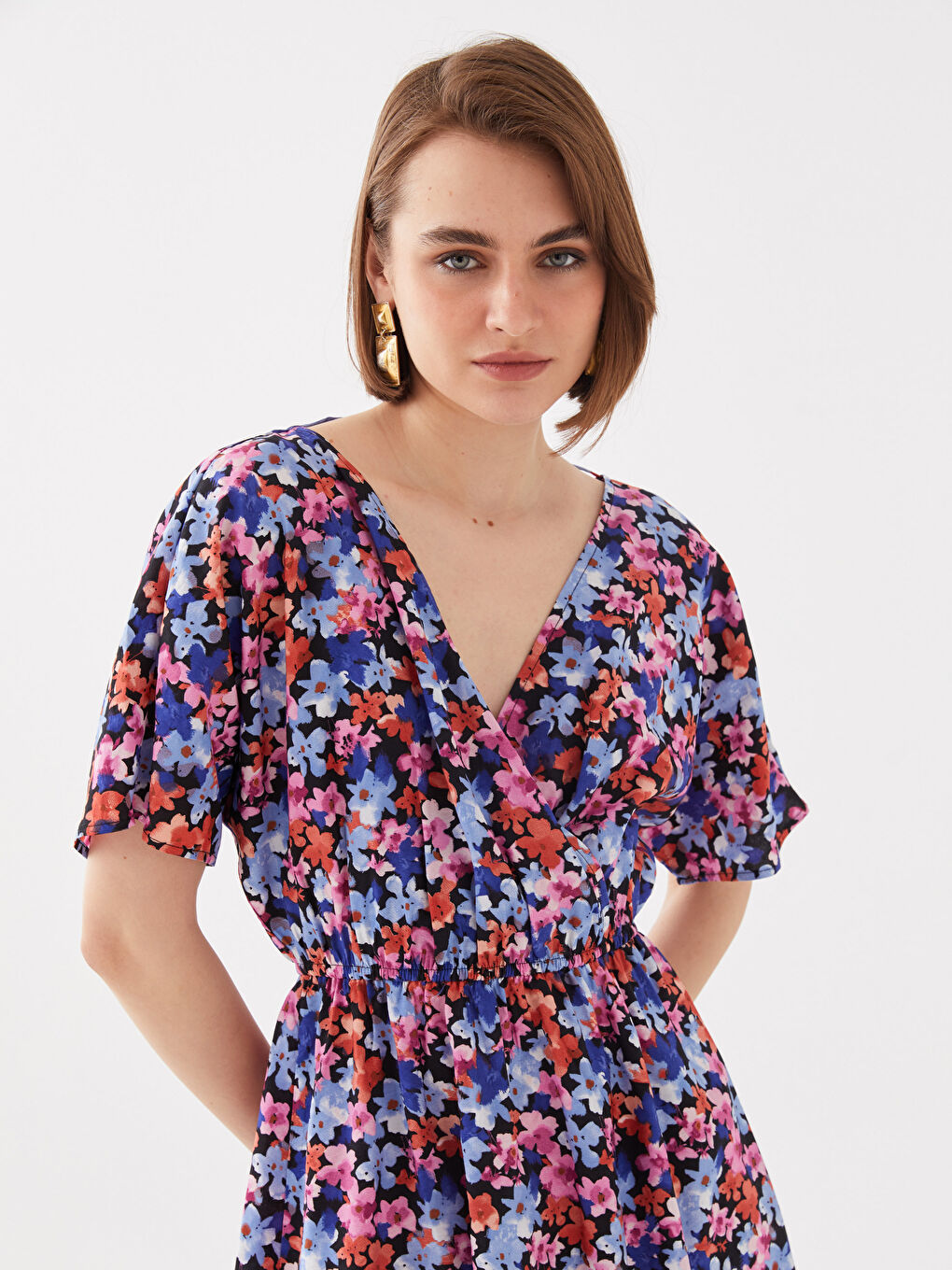 Karışık V Yaka Çiçekli Kısa Kollu Kadın Elbise-2