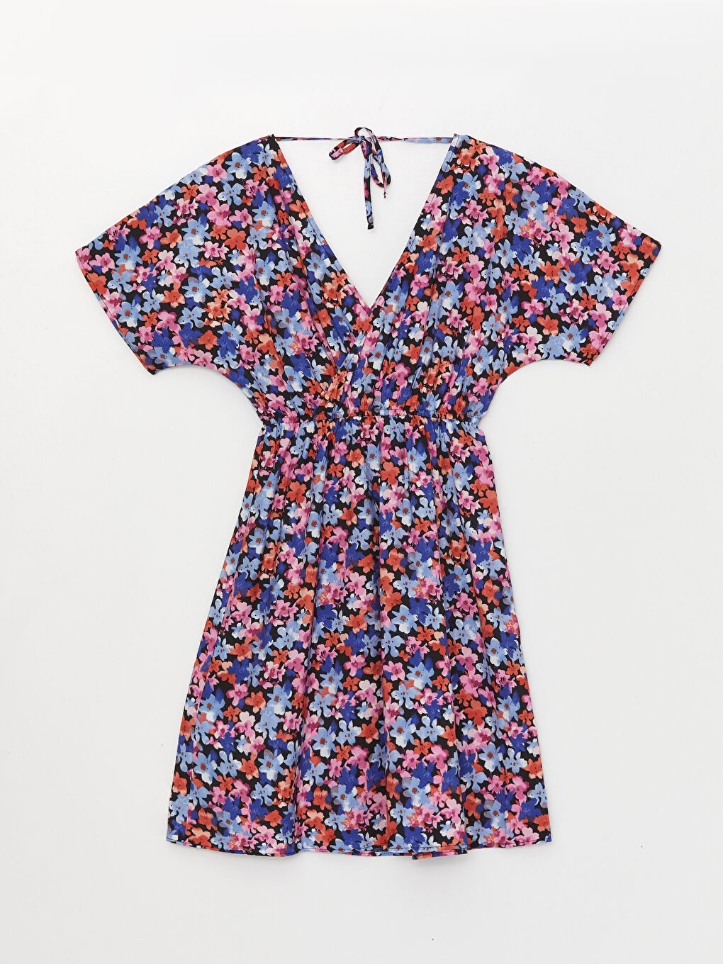 Karışık V Yaka Çiçekli Kısa Kollu Kadın Elbise-5