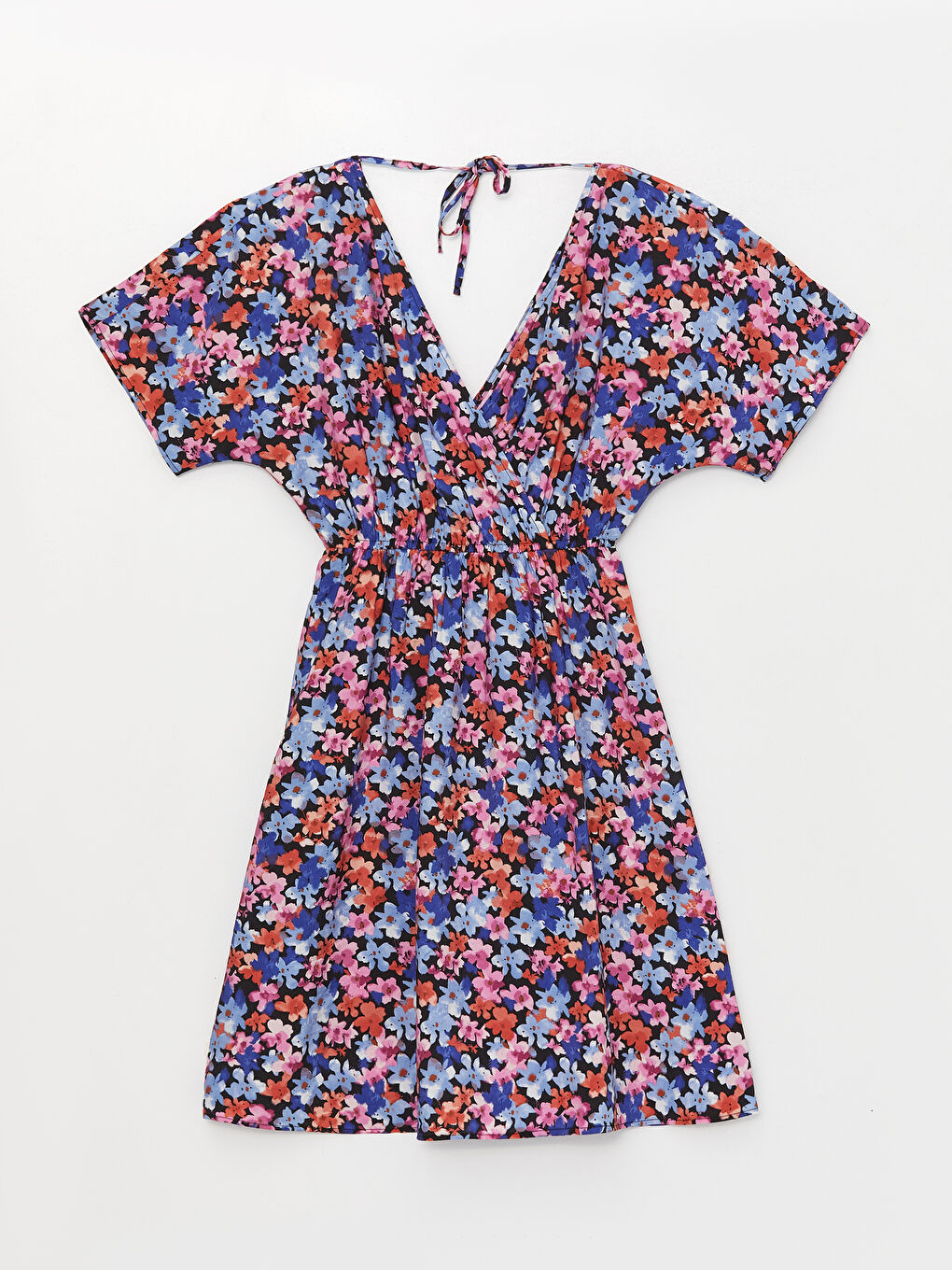 Karışık V Yaka Çiçekli Kısa Kollu Kadın Elbise-6
