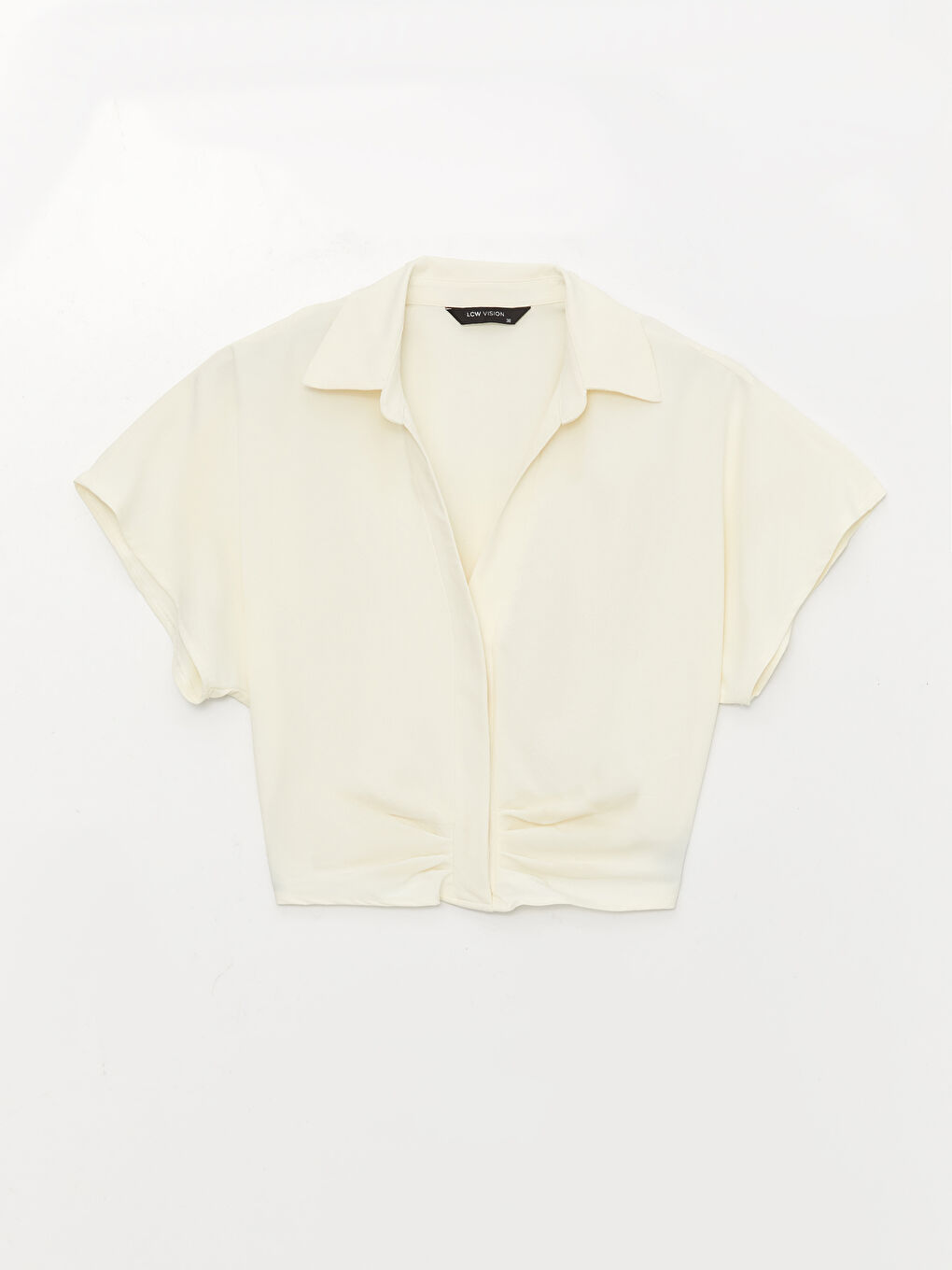 Bej Gömlek Yaka Düz Kısa Kollu Crop Kadın Bluz-5