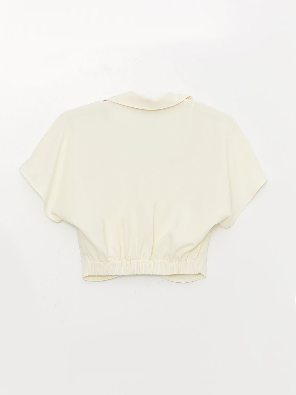 Bej Gömlek Yaka Düz Kısa Kollu Crop Kadın Bluz-6