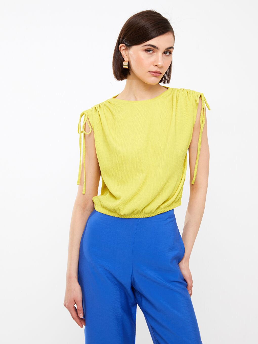 Yeşil Bisiklet Yaka Düz Kısa Kollu Kadın Crop