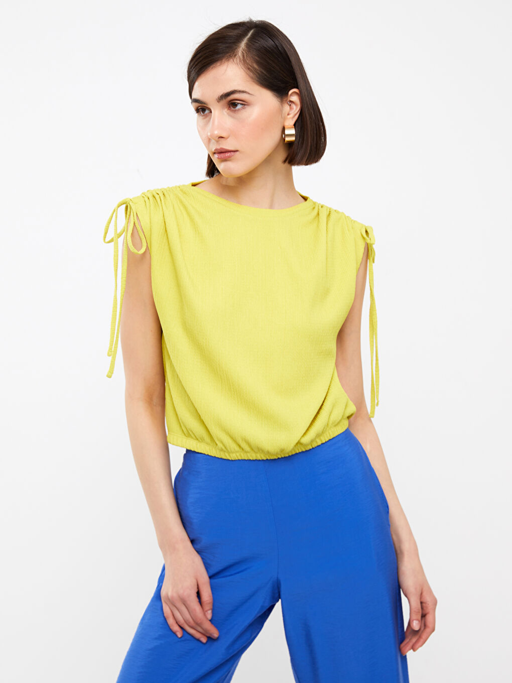 Yeşil Bisiklet Yaka Düz Kısa Kollu Kadın Crop-1