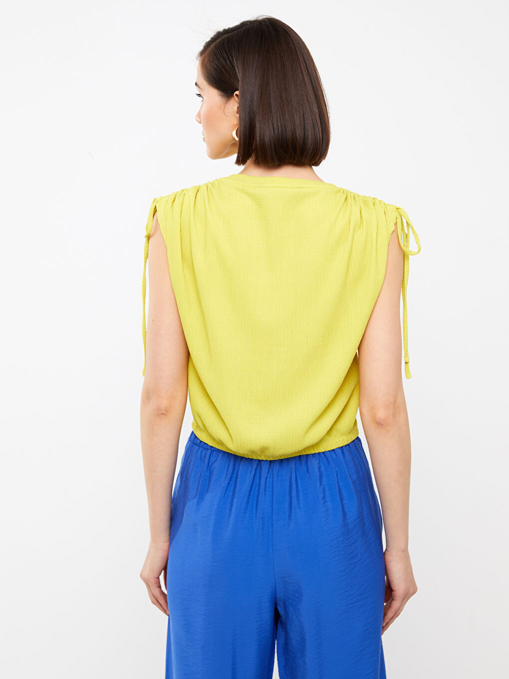 Yeşil Bisiklet Yaka Düz Kısa Kollu Kadın Crop-4