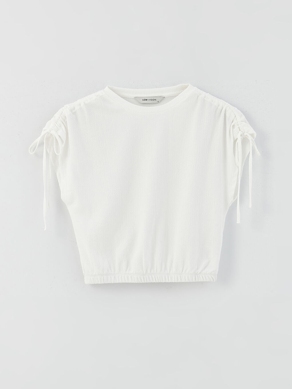 Beyaz Bisiklet Yaka Düz Kısa Kollu Kadın Crop-5