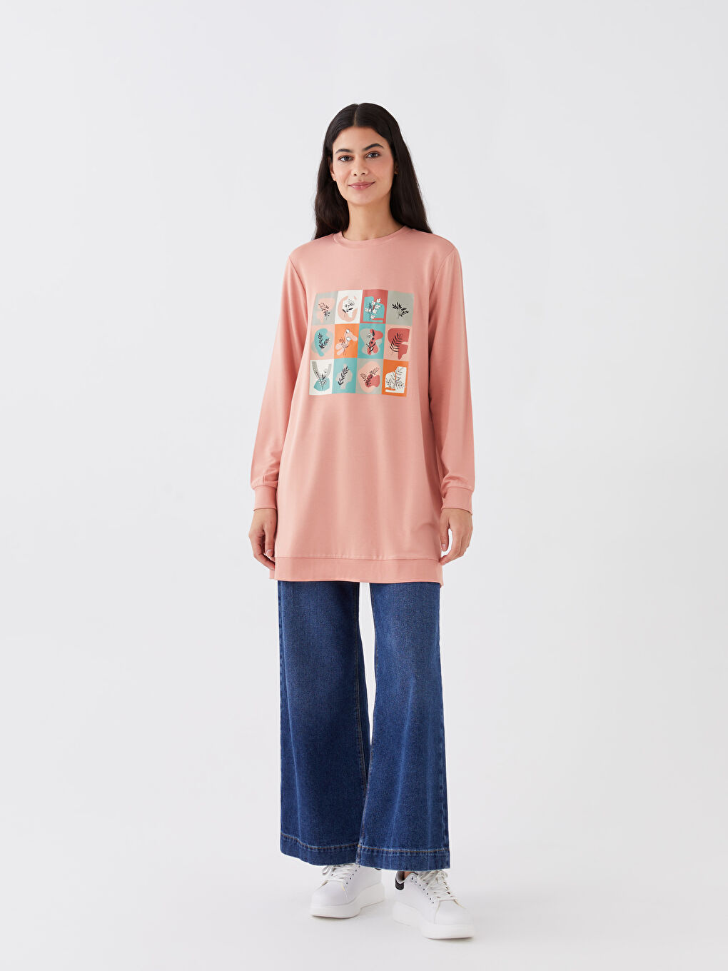Crew Neck Printed Long Sleeve Women's Sweatshirt Tunic-1