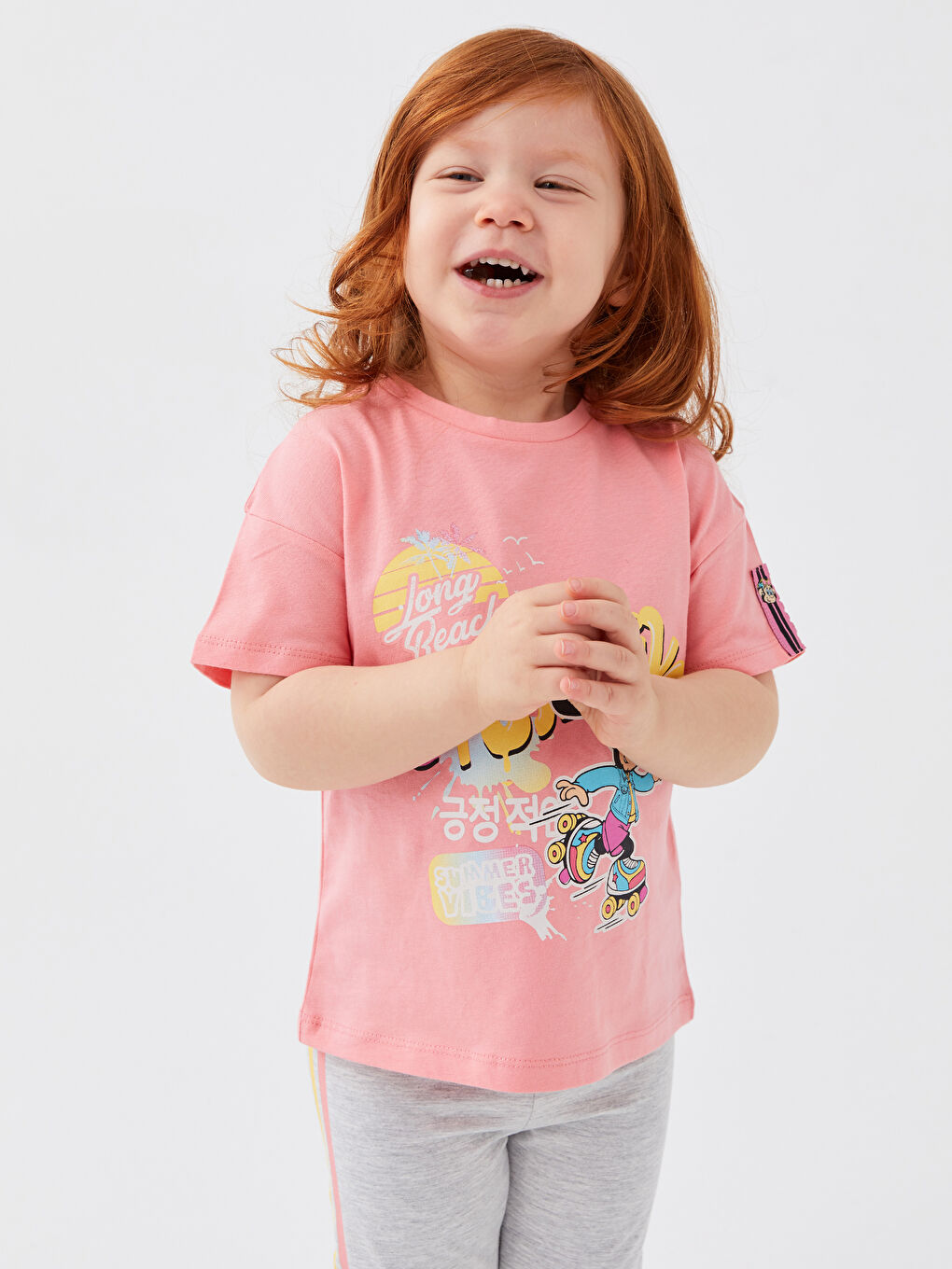 Pembe Bisiklet Yaka Kısa Kollu Nostaljik Maymun Baskılı Kız Bebek Tişört-1