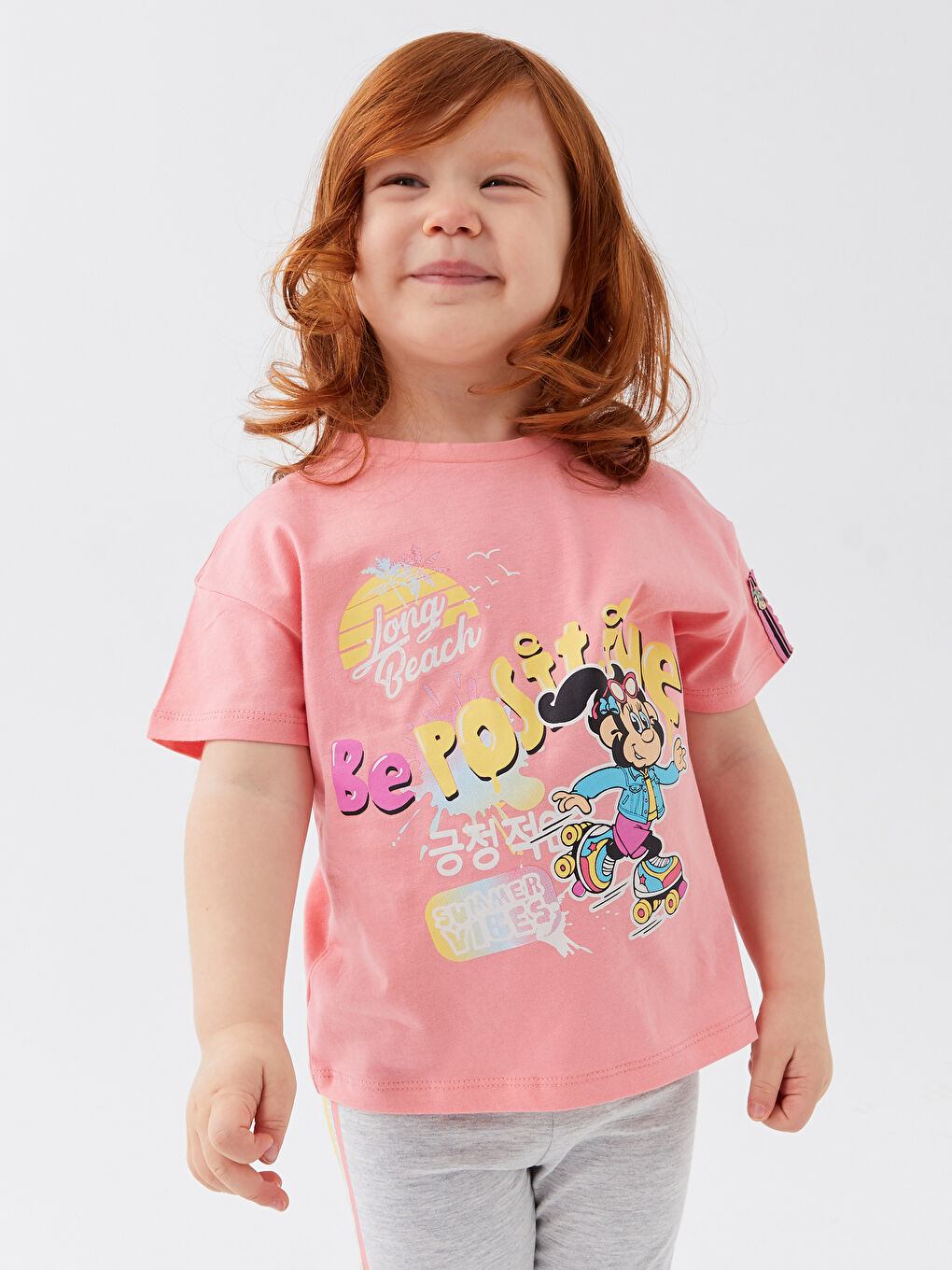 Pembe Bisiklet Yaka Kısa Kollu Nostaljik Maymun Baskılı Kız Bebek Tişört-2