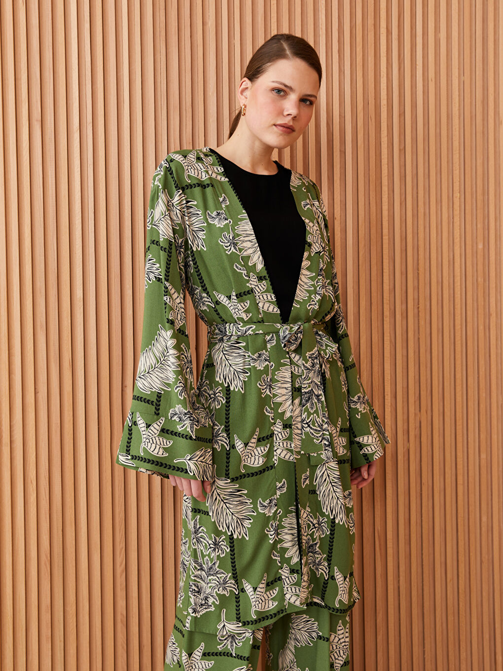 Shawl Collar Patterned Long Sleeve Oversize Women's Kimono -S3HD60Z8-LRR