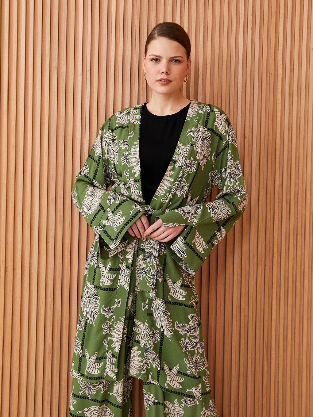 Shawl Collar Patterned Long Sleeve Oversize Women's Kimono -S3HD60Z8-LRR