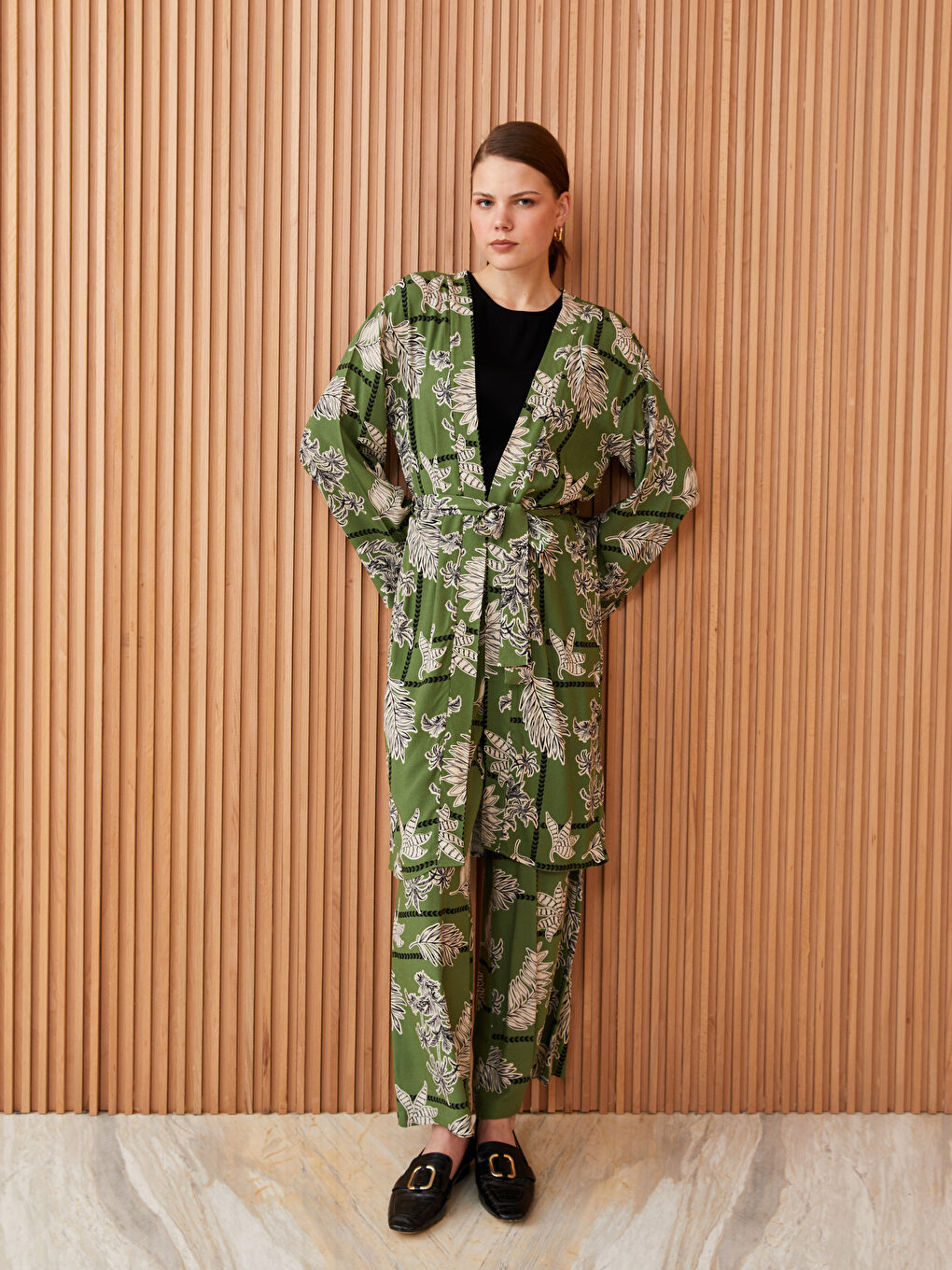 Shawl Collar Patterned Long Sleeve Oversize Women's Kimono -S3HD60Z8-LRR