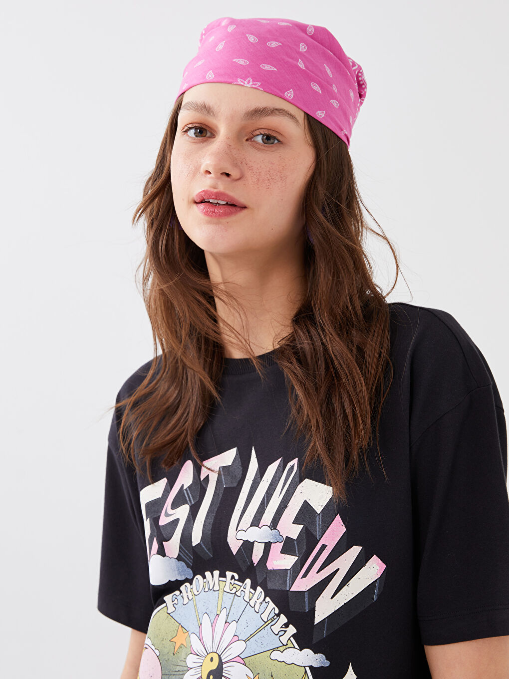 Fuşya Pamuklu Desenli Kadın Bandana