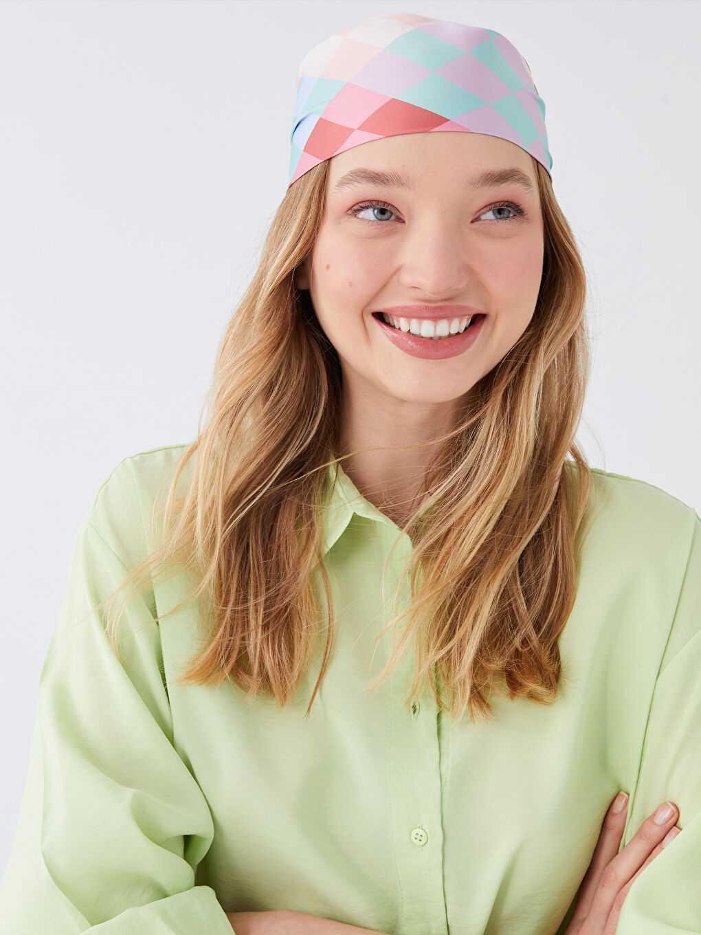 Pembe Ekose Desenli Kadın Saten Fular-1