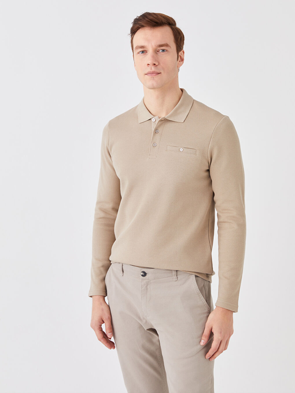 LCWAIKIKI Basic Bej Polo Yaka Uzun Kollu Pike Erkek Sweatshirt - 1