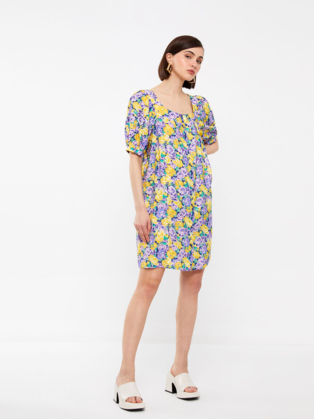Square Neck Floral Short Sleeve Oversize Women's Dress -S3HD69Z8-F9C