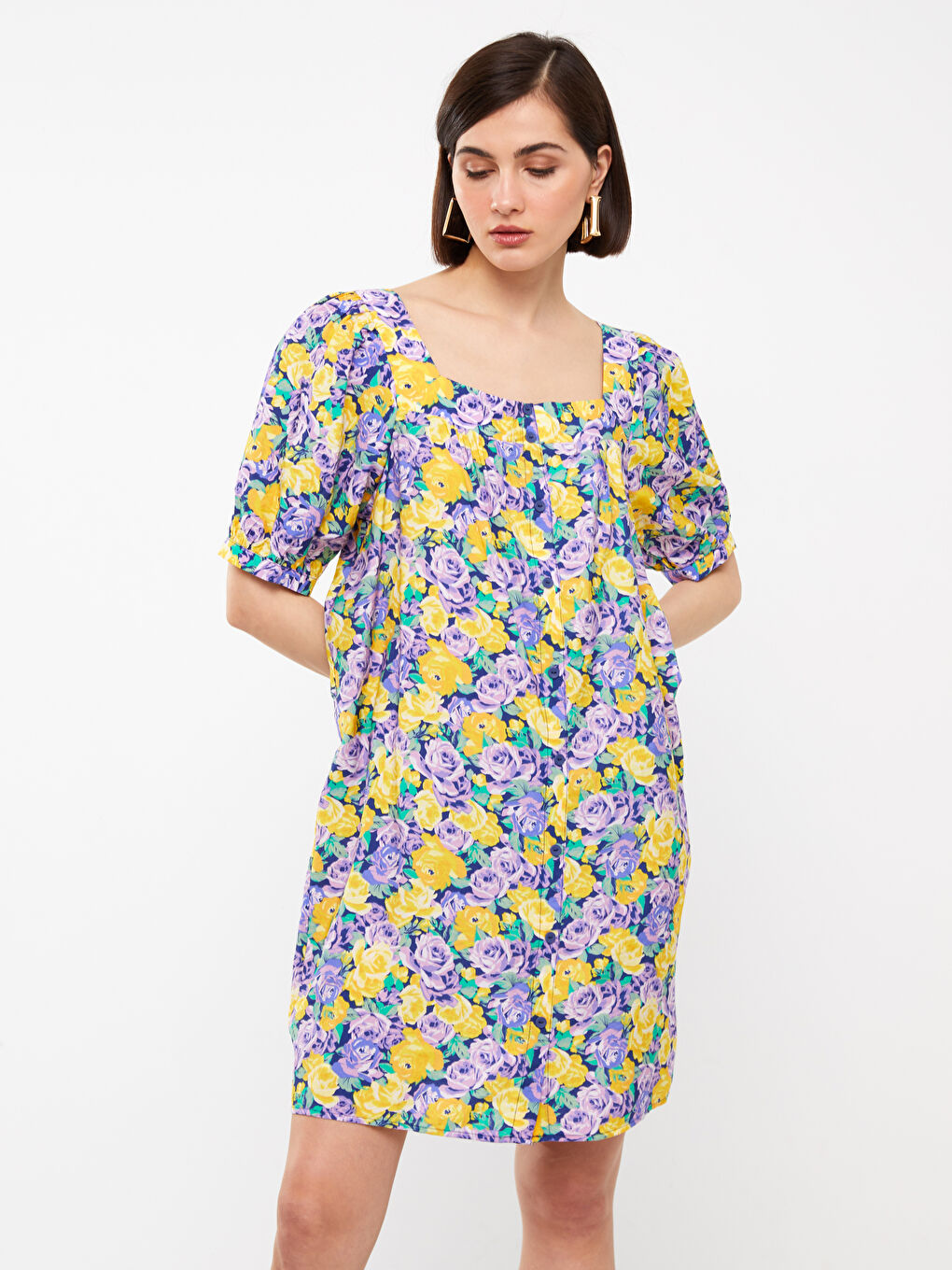 Square Neck Floral Short Sleeve Oversize Women's Dress -S3HD69Z8-F9C