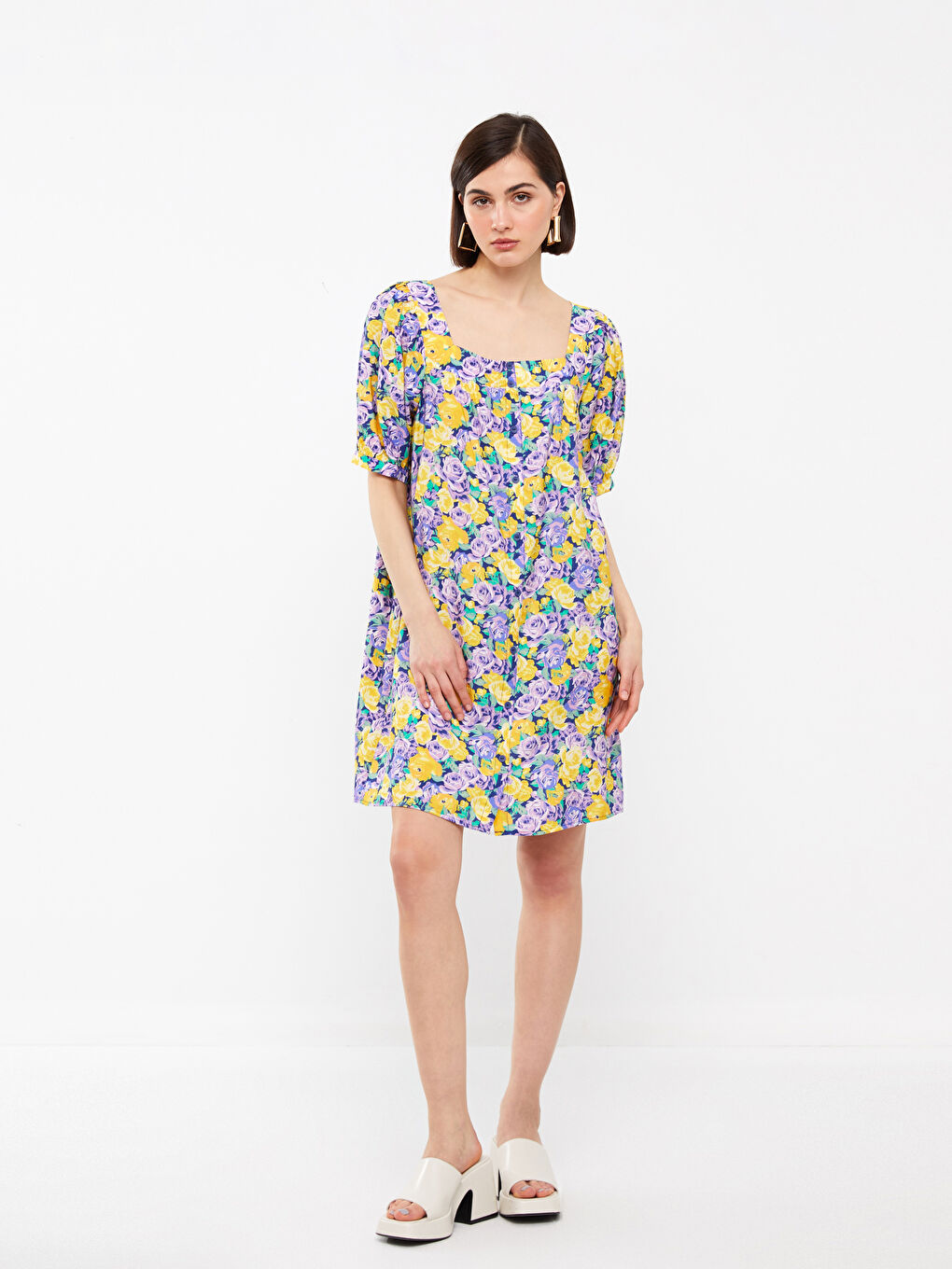 Square Neck Floral Short Sleeve Oversize Women's Dress -S3HD69Z8-F9C
