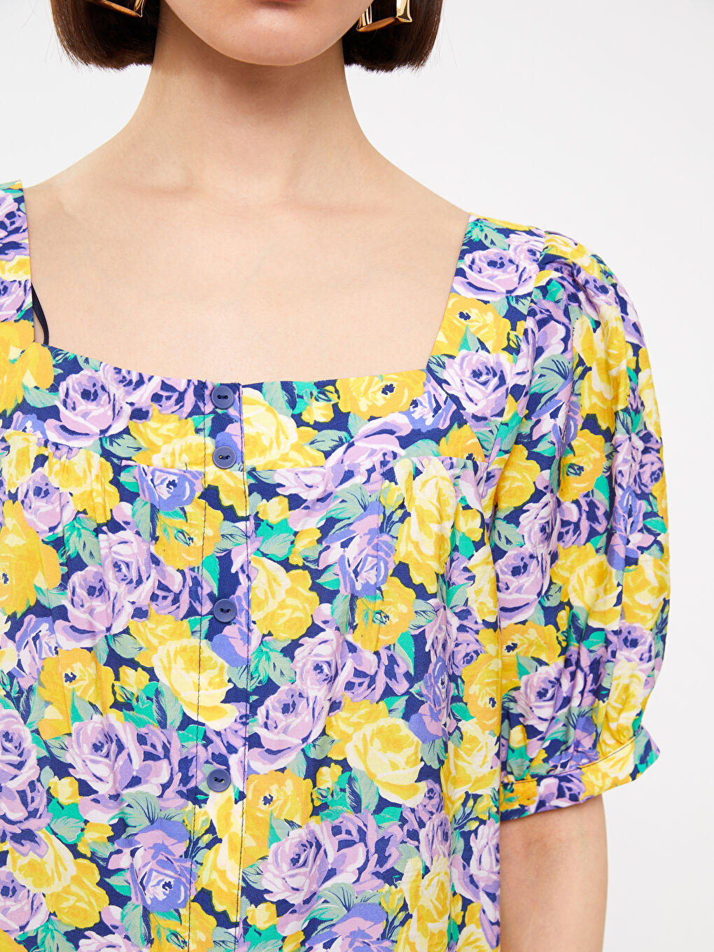 Square Neck Floral Short Sleeve Oversize Women's Dress -S3HD69Z8-F9C