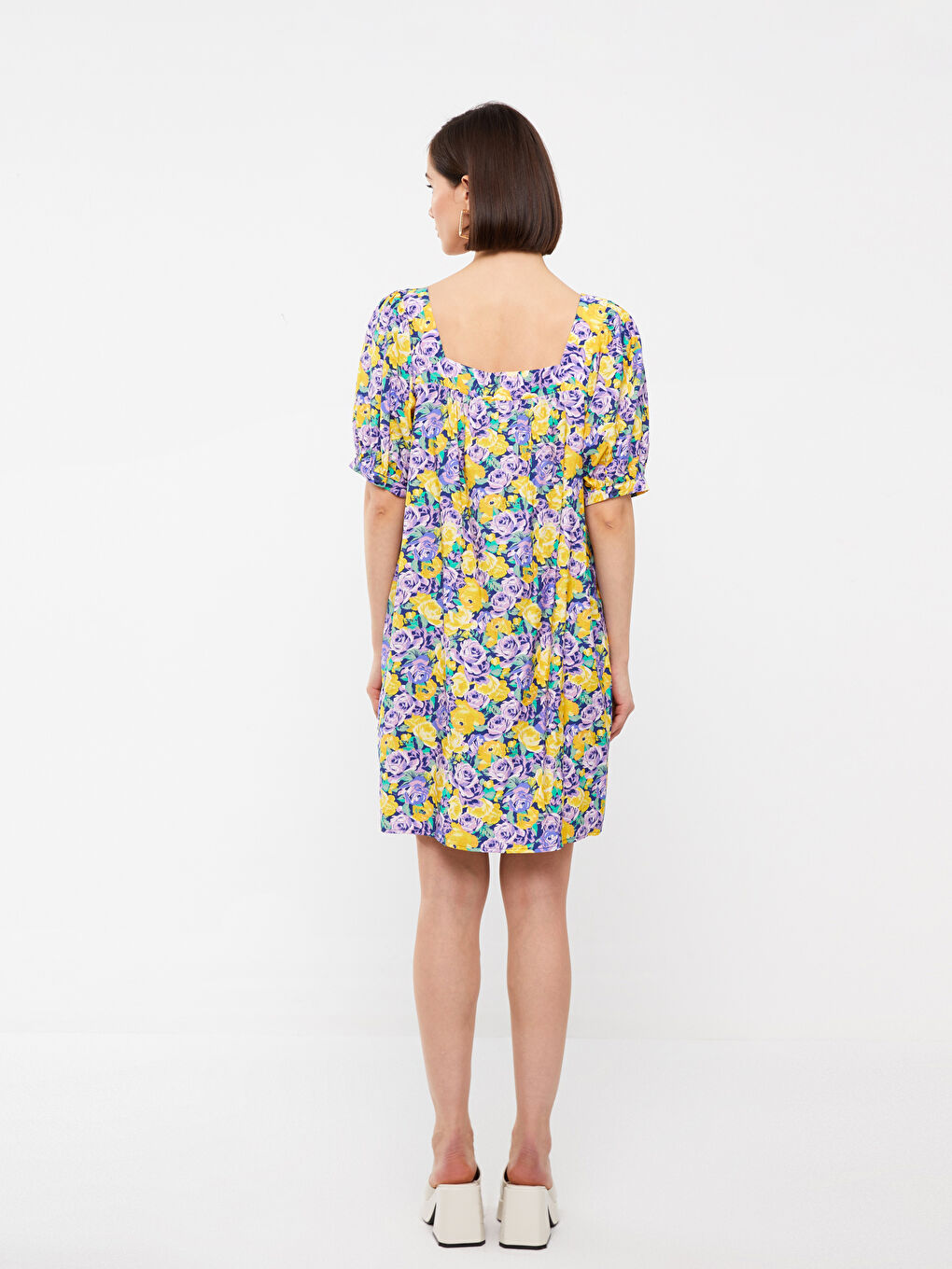 Square Neck Floral Short Sleeve Oversize Women's Dress -S3HD69Z8-F9C