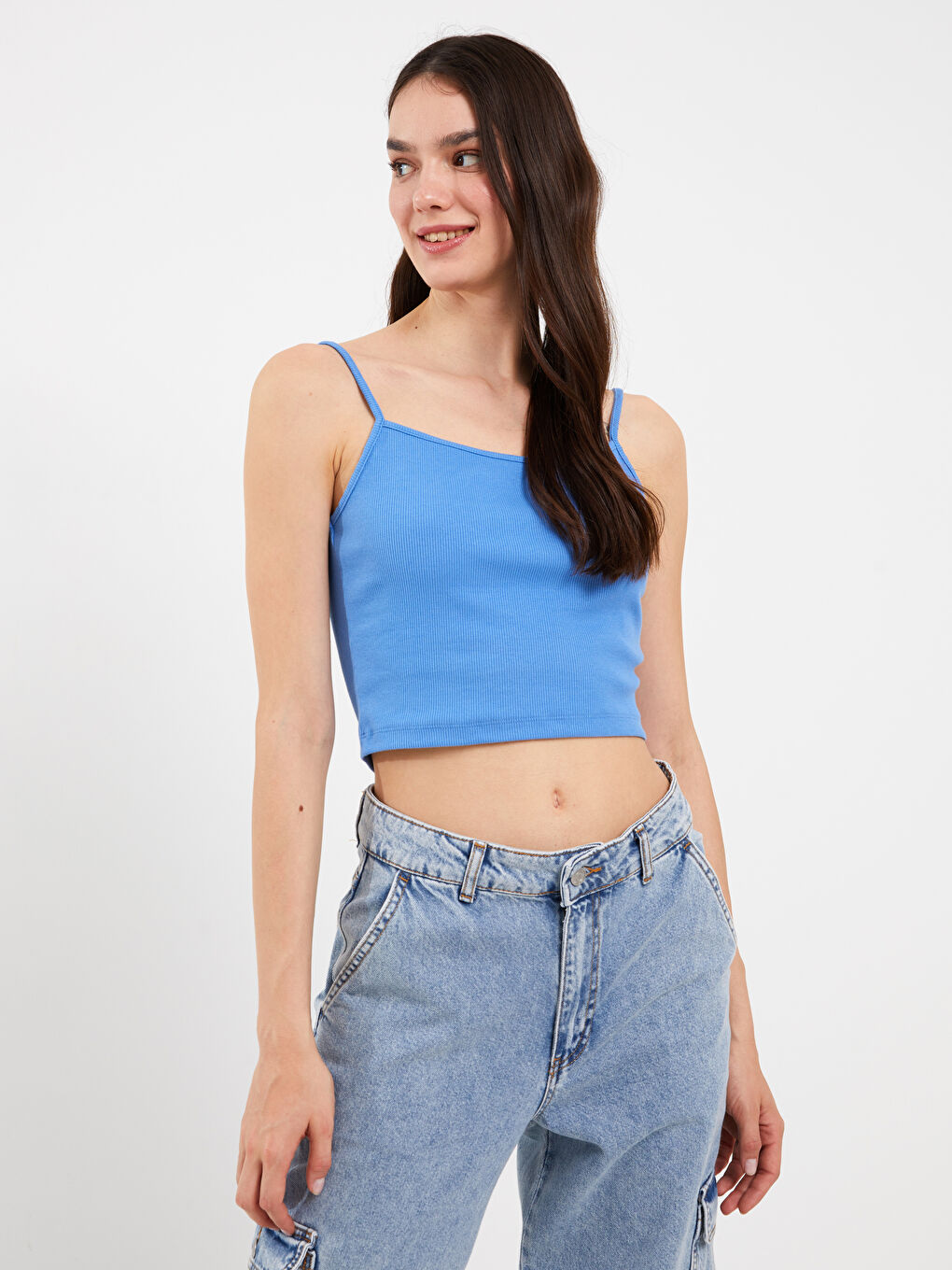 U Neck Plain Strappy Women's Crop Top -S3HD70Z8-GW0