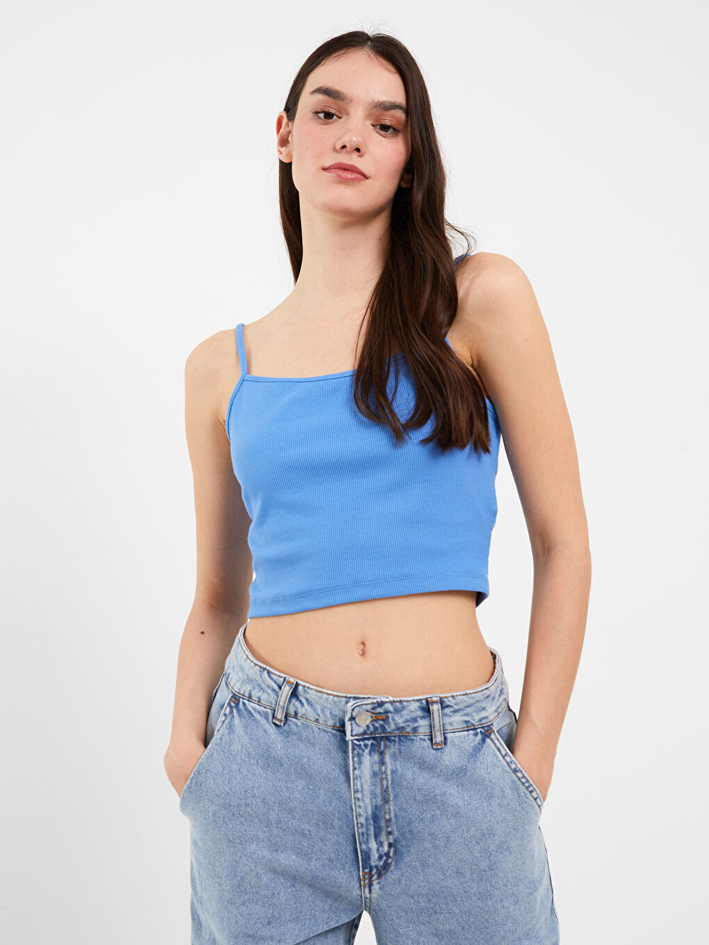 U Neck Plain Strappy Women's Crop Top -S3HD70Z8-GW0