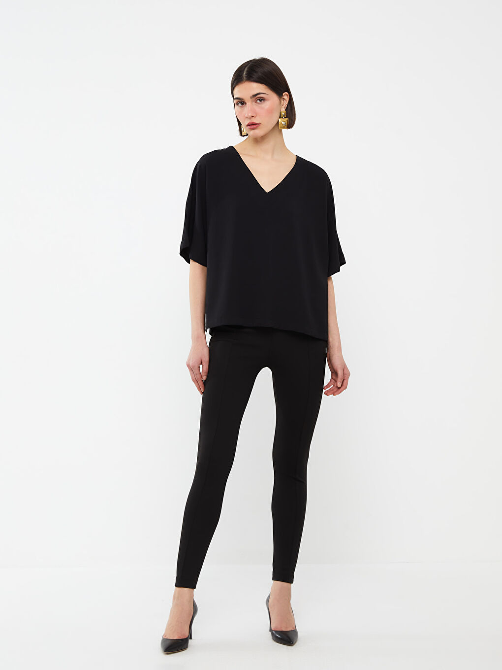 Bluză Supradimensionată pentru Femei cu Decolteu în V, Simplă, Mânecă Scurtă-2