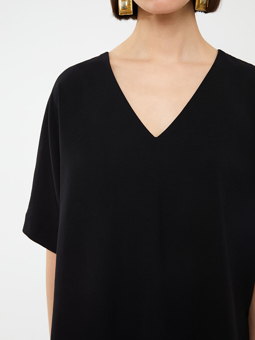 Bluză Supradimensionată pentru Femei cu Decolteu în V, Simplă, Mânecă Scurtă-3