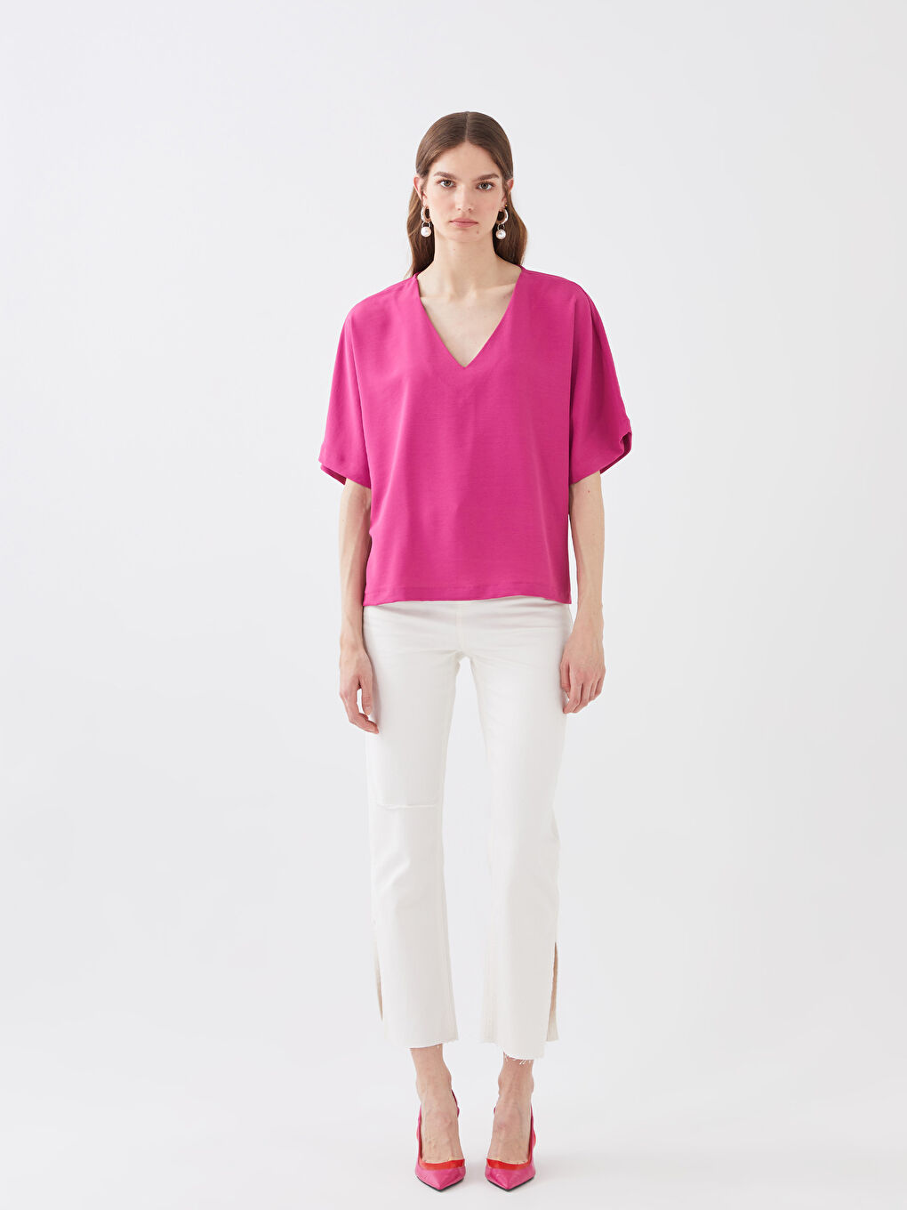 Bluză Supradimensionată pentru Femei cu Decolteu în V, Simplă, Mânecă Scurtă-2