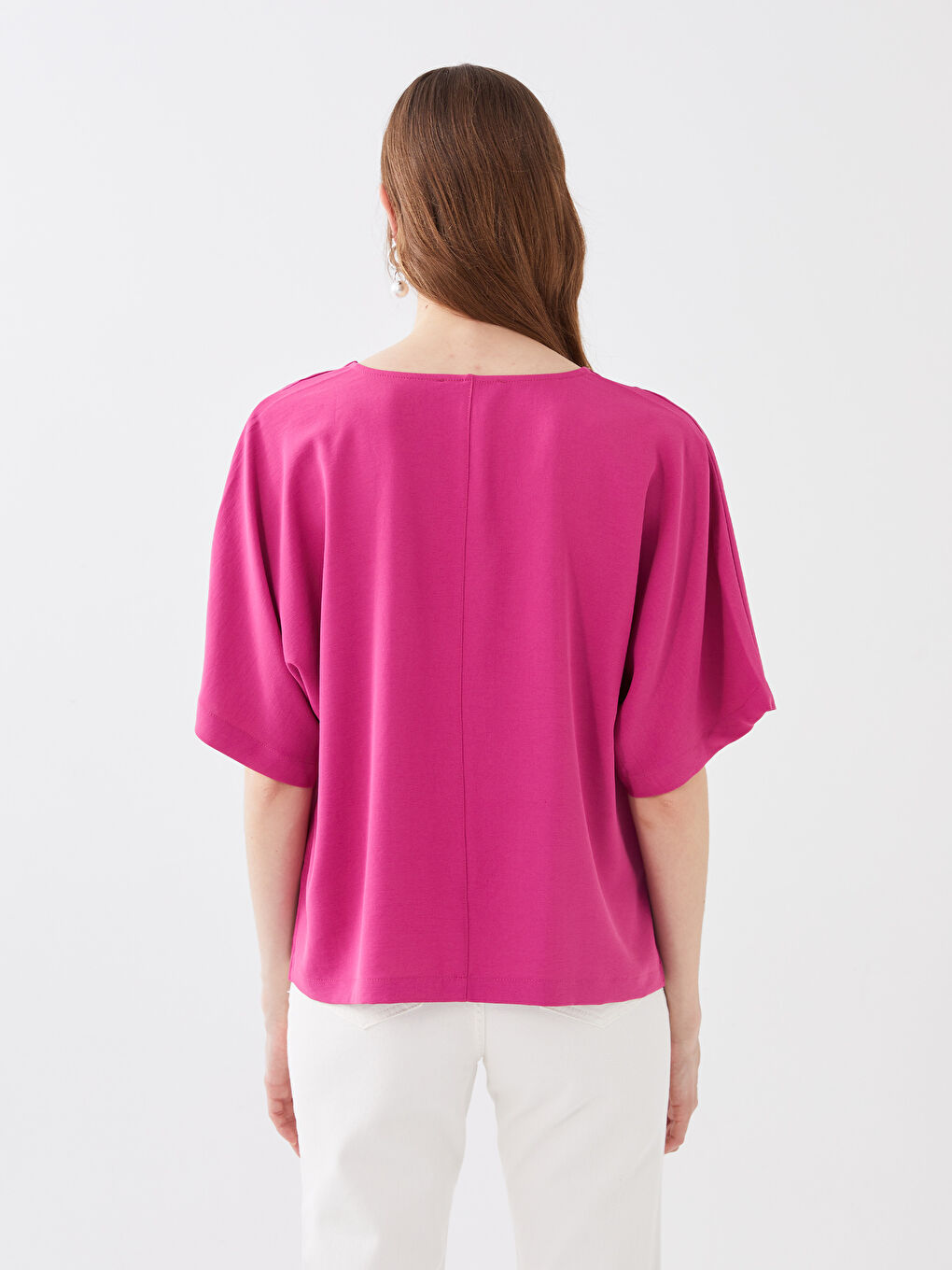 Bluză Supradimensionată pentru Femei cu Decolteu în V, Simplă, Mânecă Scurtă-4