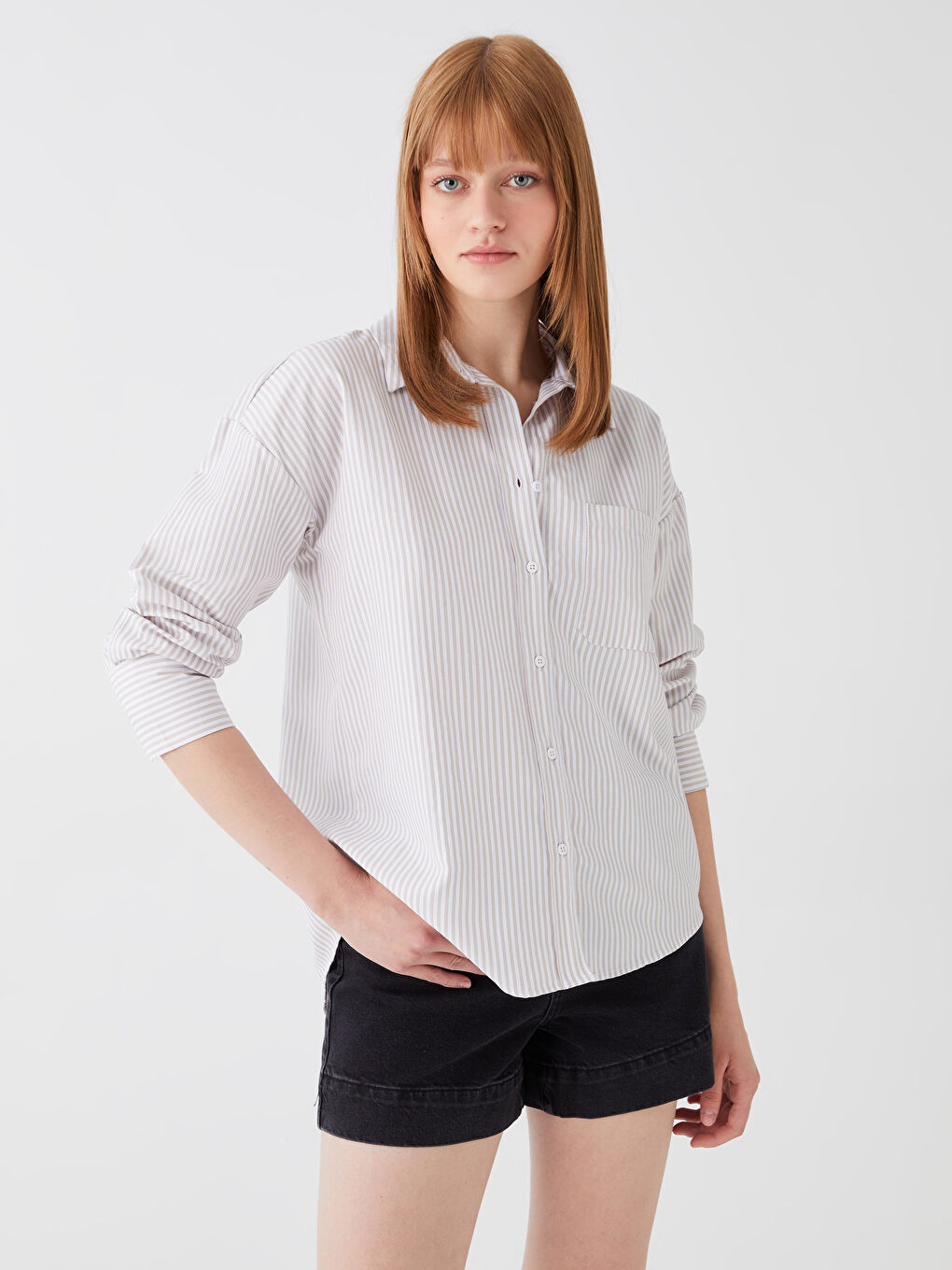 Әйелдерге арналған жолақты оверсайз поплин жейде-1