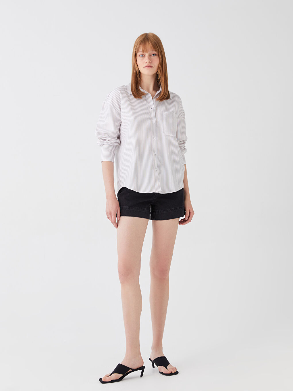 Әйелдерге арналған жолақты оверсайз поплин жейде-2